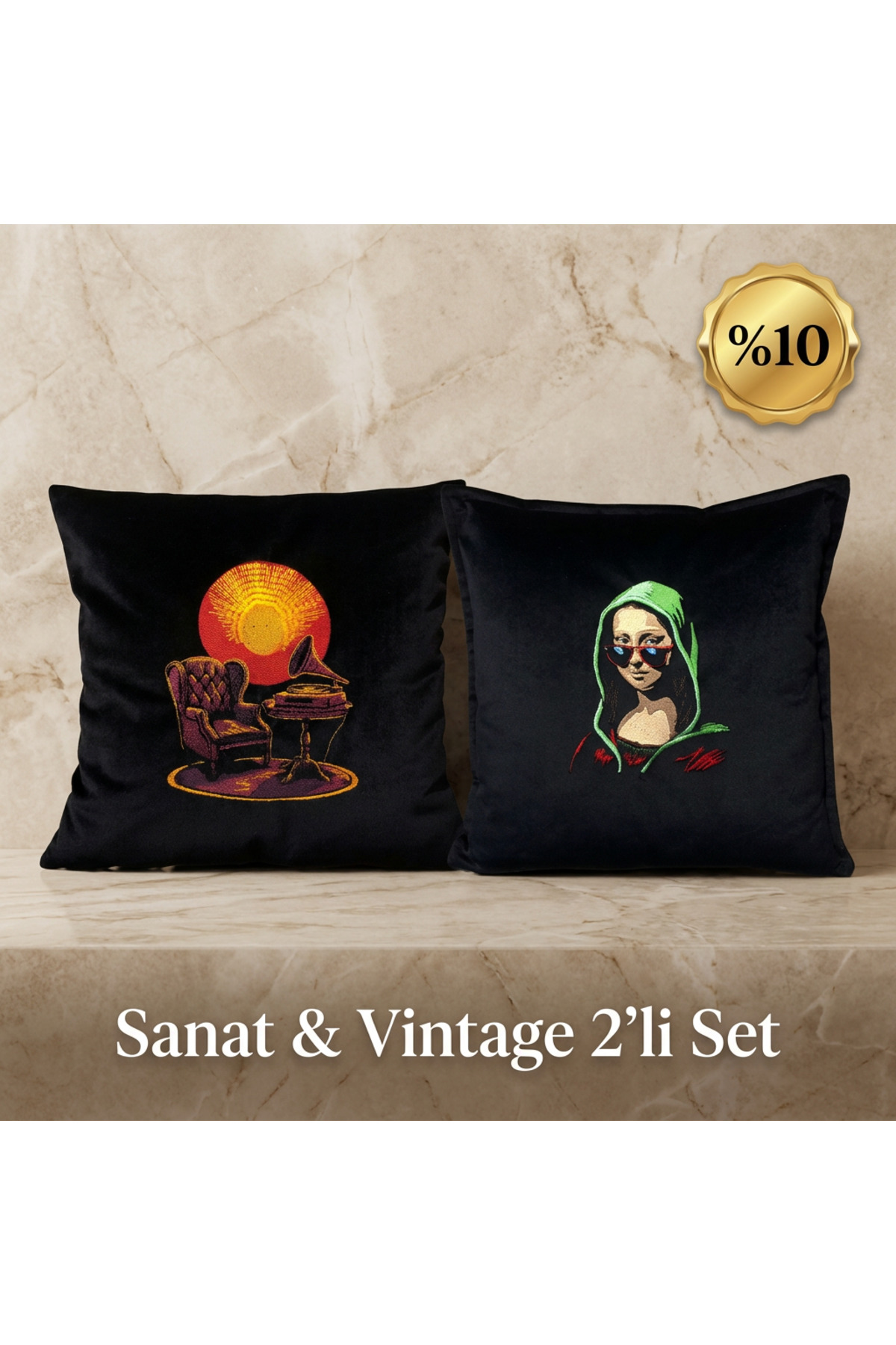 Sanat & Vintage 2'li Kadife Kırlent Seti - Nakışlı Dekoratif Yastık Kılıfı Hediyelik 2'li Kombin