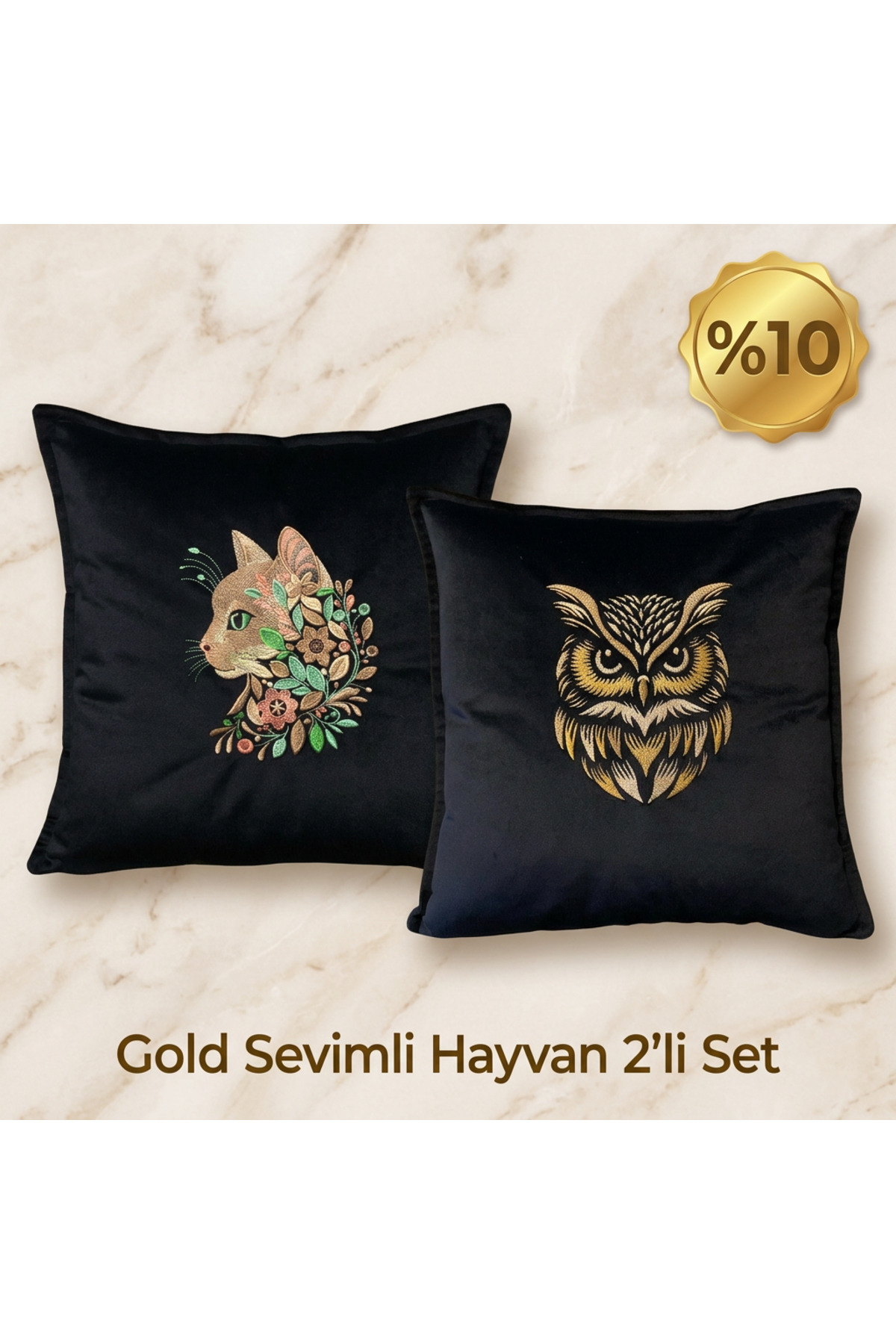 Gold Sevimli Hayvan 2'li Kadife Kırlent Seti - Nakışlı Dekoratif Yastık Kılıfı