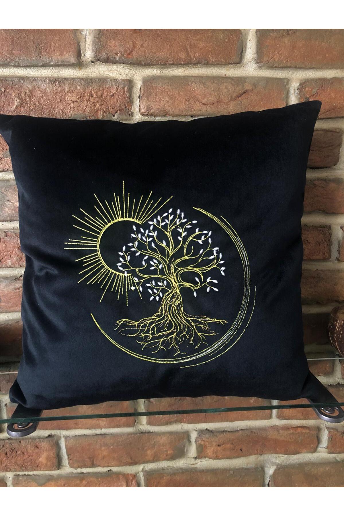 Magic Tree Nakışlı Siyah Kadife Kırlent Kılıfı Özel Tasarım Dekoratif Yastık Kılıfı