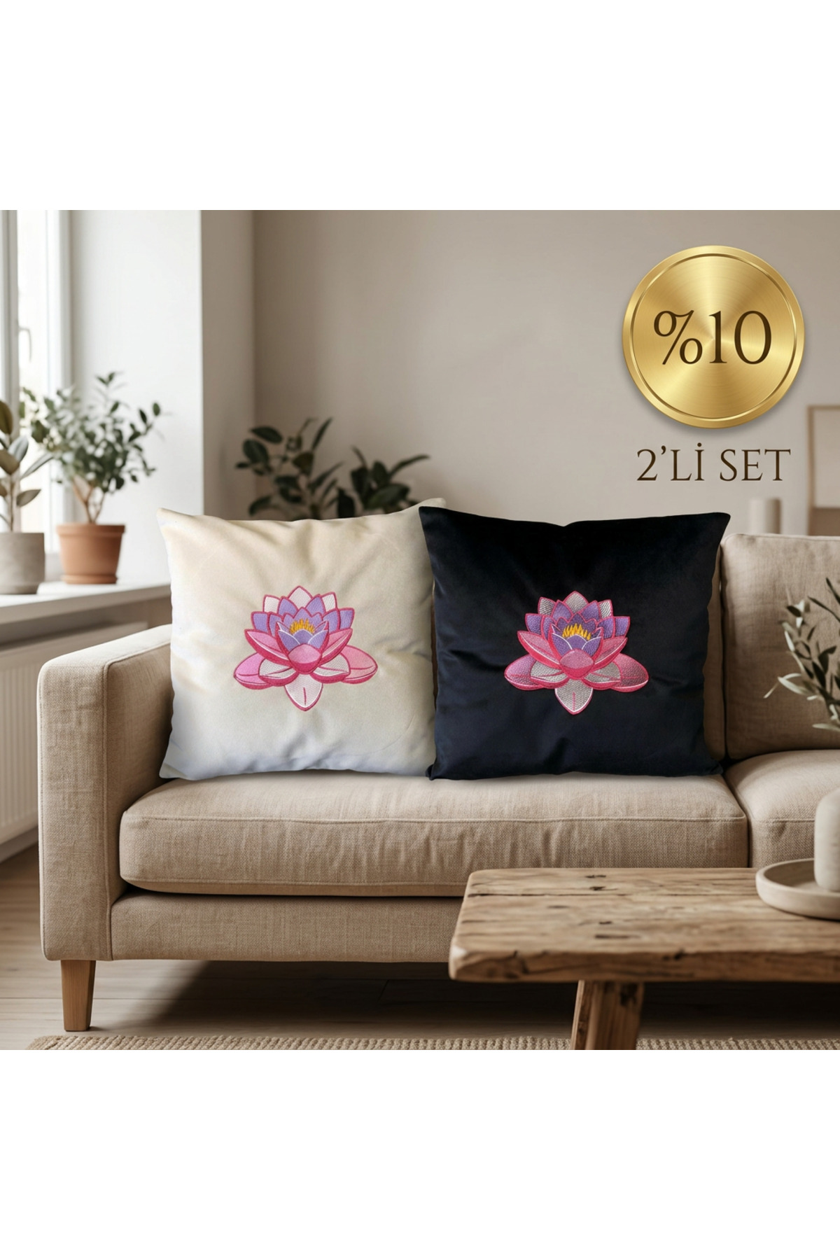 Lotus Çiçeği 2'li Kadife Kırlent Seti - Nakışlı Dekoratif Yastık Kılıfı Hediyelik 2'li Kombin