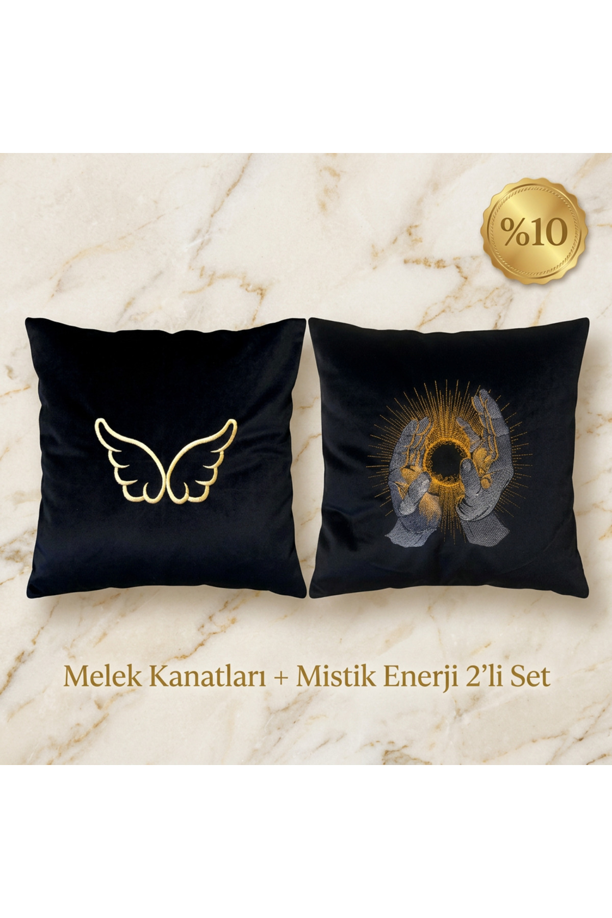 Melek Kanadı + Mistik Enerji 2'li Kadife Kırlent Seti - Nakışlı Dekoratif Yastık Kılıfı