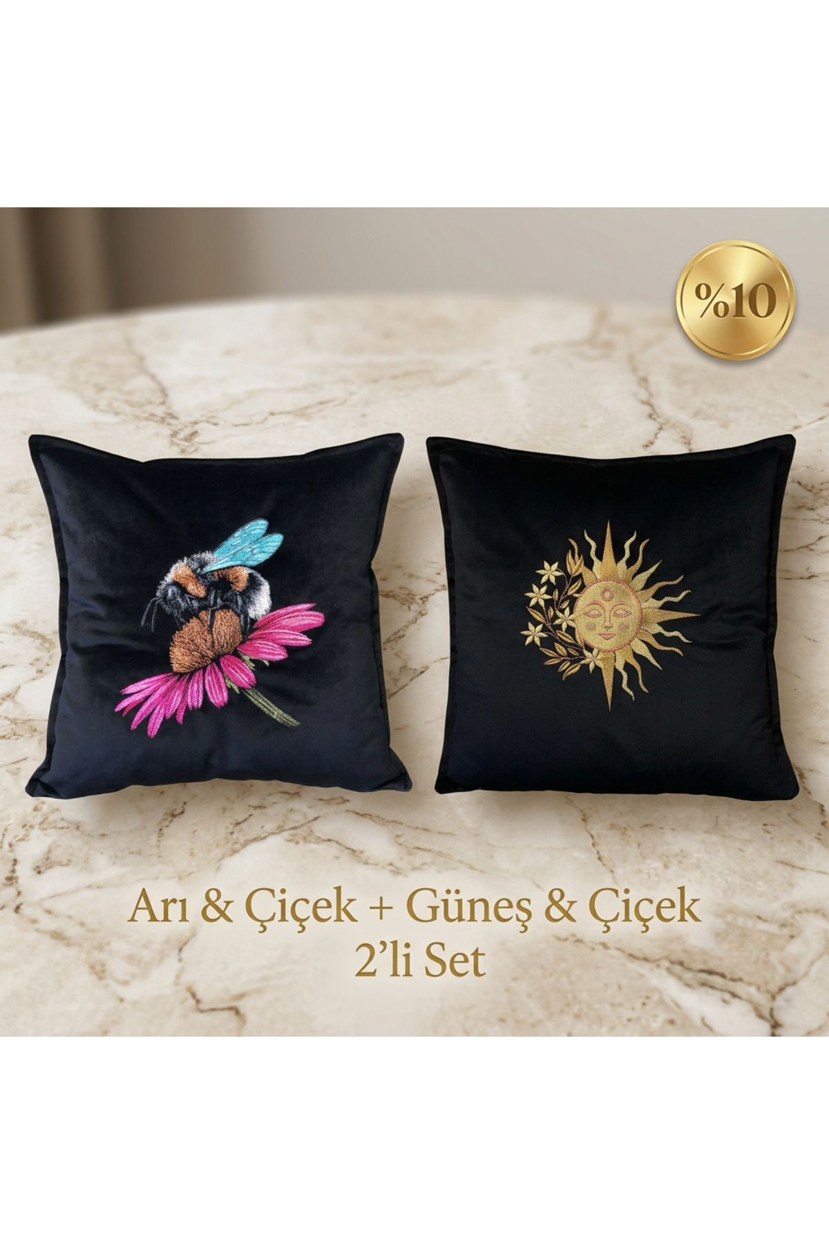 Arı & Güneş Çiçeği 2'li Kadife Kırlent Seti - Nakışlı Dekoratif Yastık Kılıfı