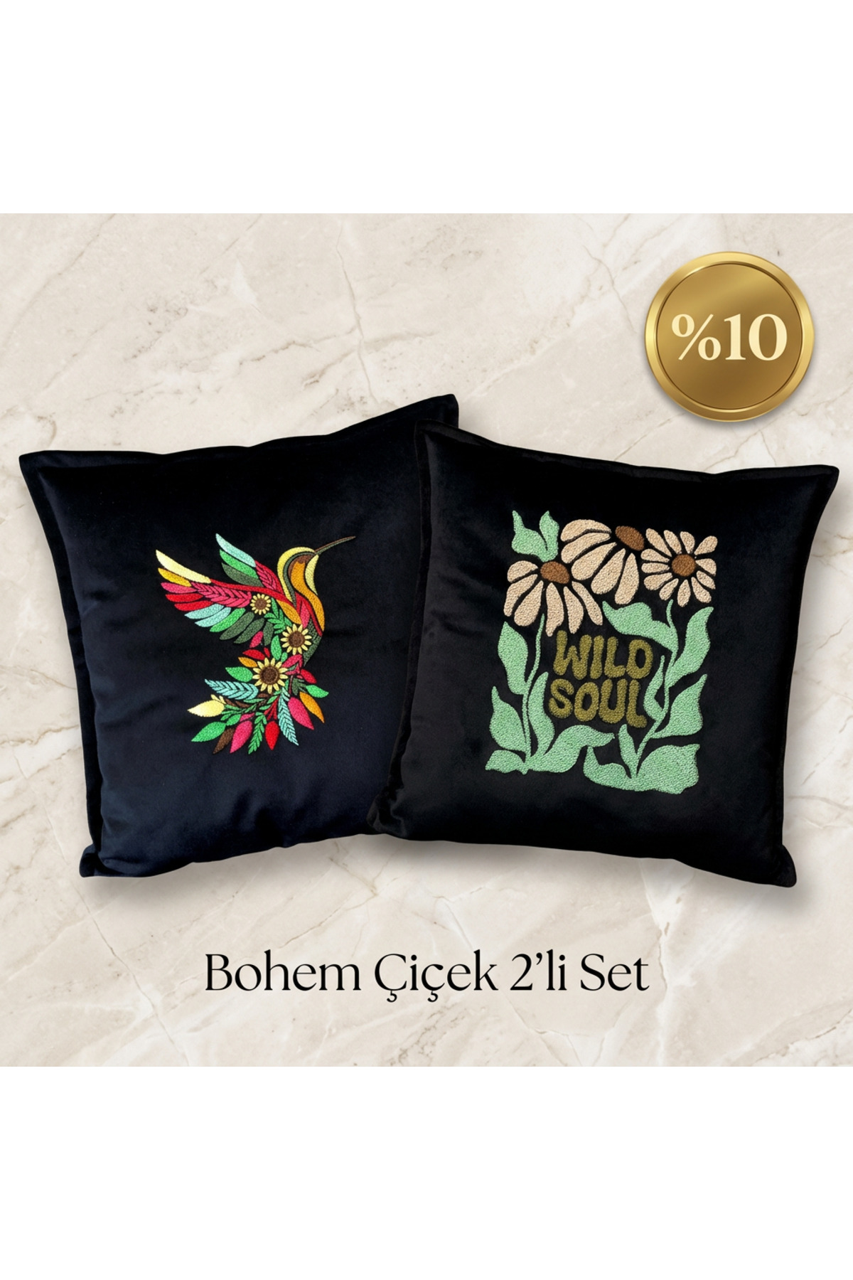 Bohem Çiçek 2'li Kadife Kırlent Seti - Nakışlı Dekoratif Yastık Kılıfı Hediyelik 2'li Kombin