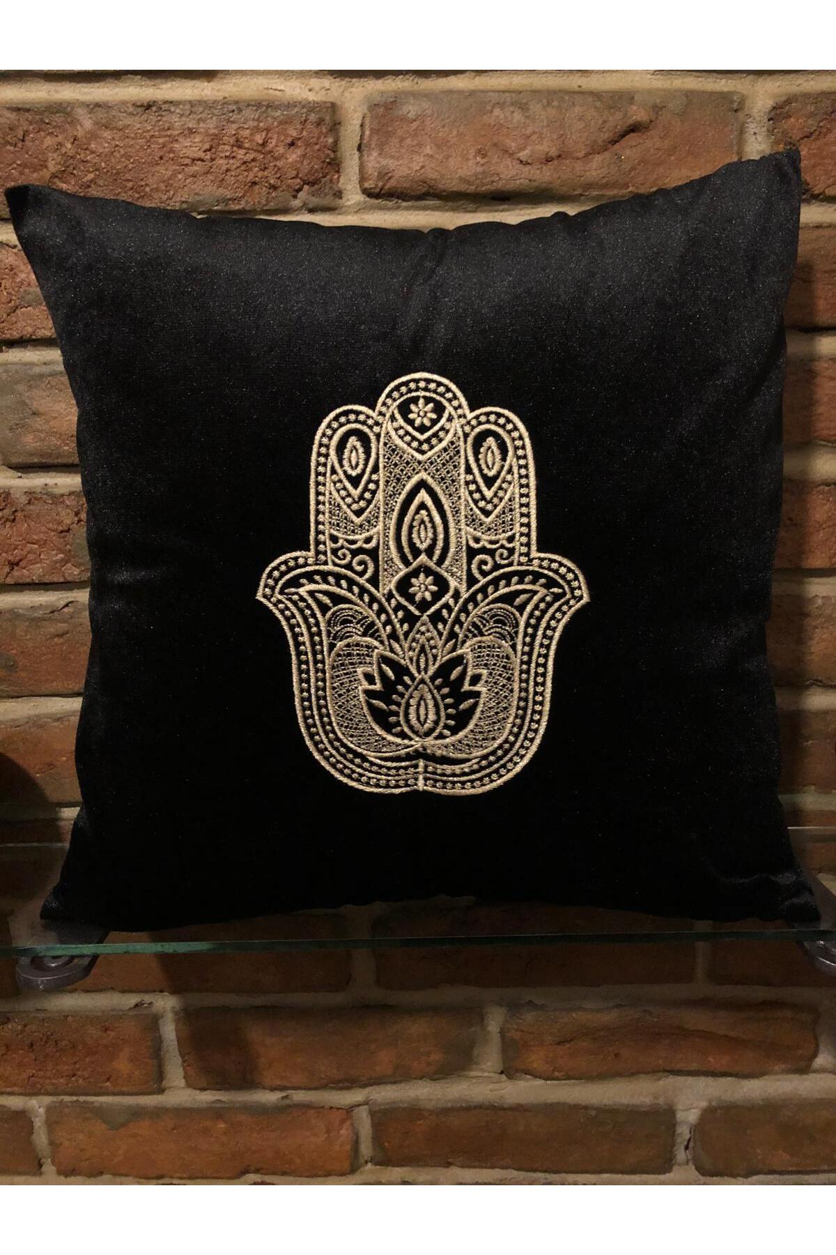 Hamsa Eli Nakışlı Siyah Kadife Kırlent Kılıfı Nazar ve Bereket Temalı Dekoratif Yastık